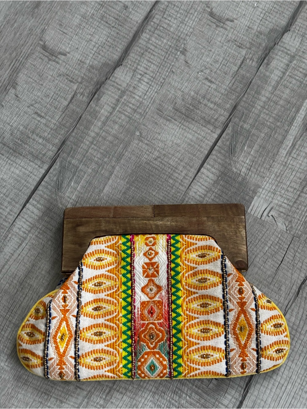 Boho Embroidered Yellow & Orange Clutch with Wooden Frame